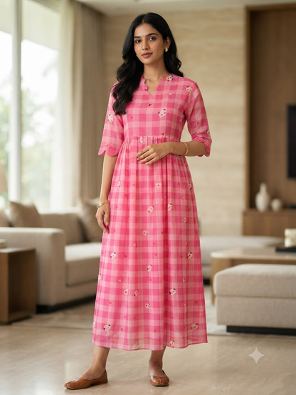 Candy Pink Teddy Gingham Check Print Non-Feeding Maxi