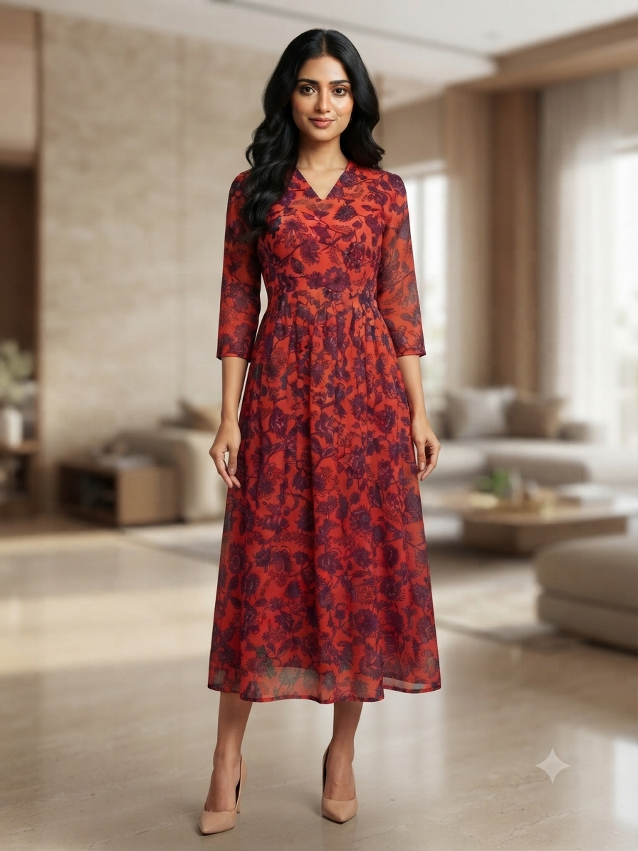 Brick Red Floral Vine Print Non-Feeding Maxi