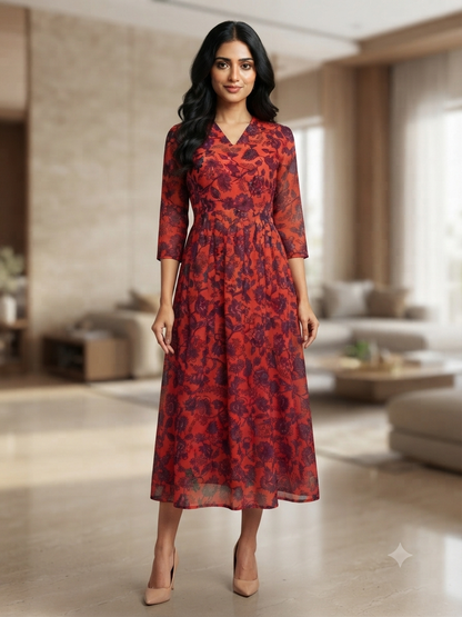 Brick Red Floral Vine Print Non-Feeding Maxi