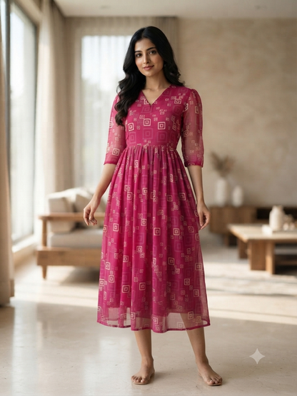 Dark Magenta Geometric Square Print Non-Feeding Maxi