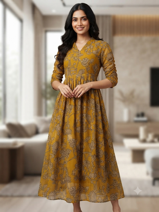 Mustard Yellow Floral Vine Sketch Print Non-Feeding Georgette Maxi
