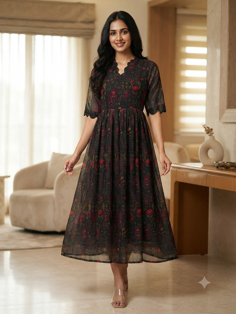Charcoal Black Vintage Floral Motif Print Non-Feeding Maxi