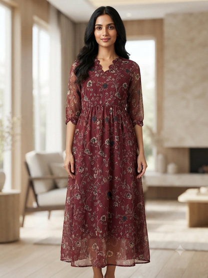 Wine Maroon Delicate Floral Vine Print Non-Feeding Maxi