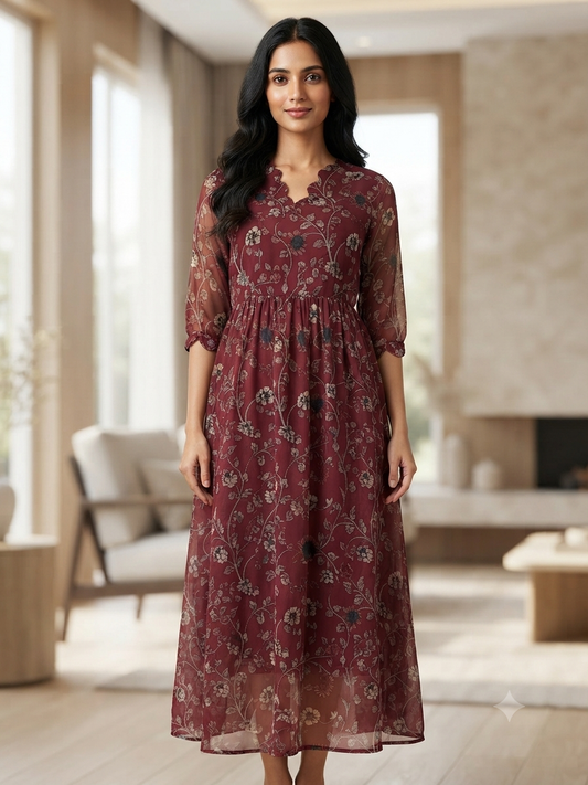 Wine Maroon Delicate Floral Vine Print Non-Feeding Georgette Maxi
