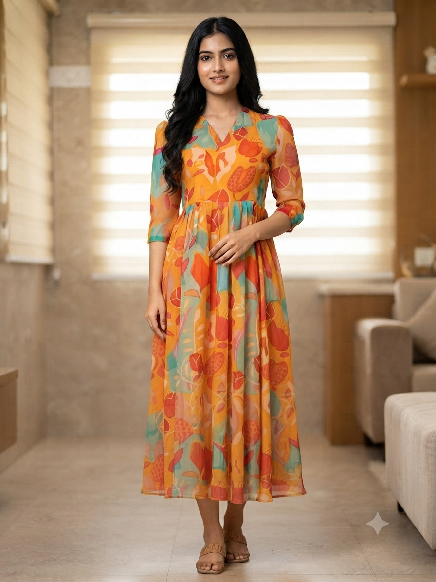 Sunset Orange Abstract Tropical Fruit Print Non-Feeding Maxi