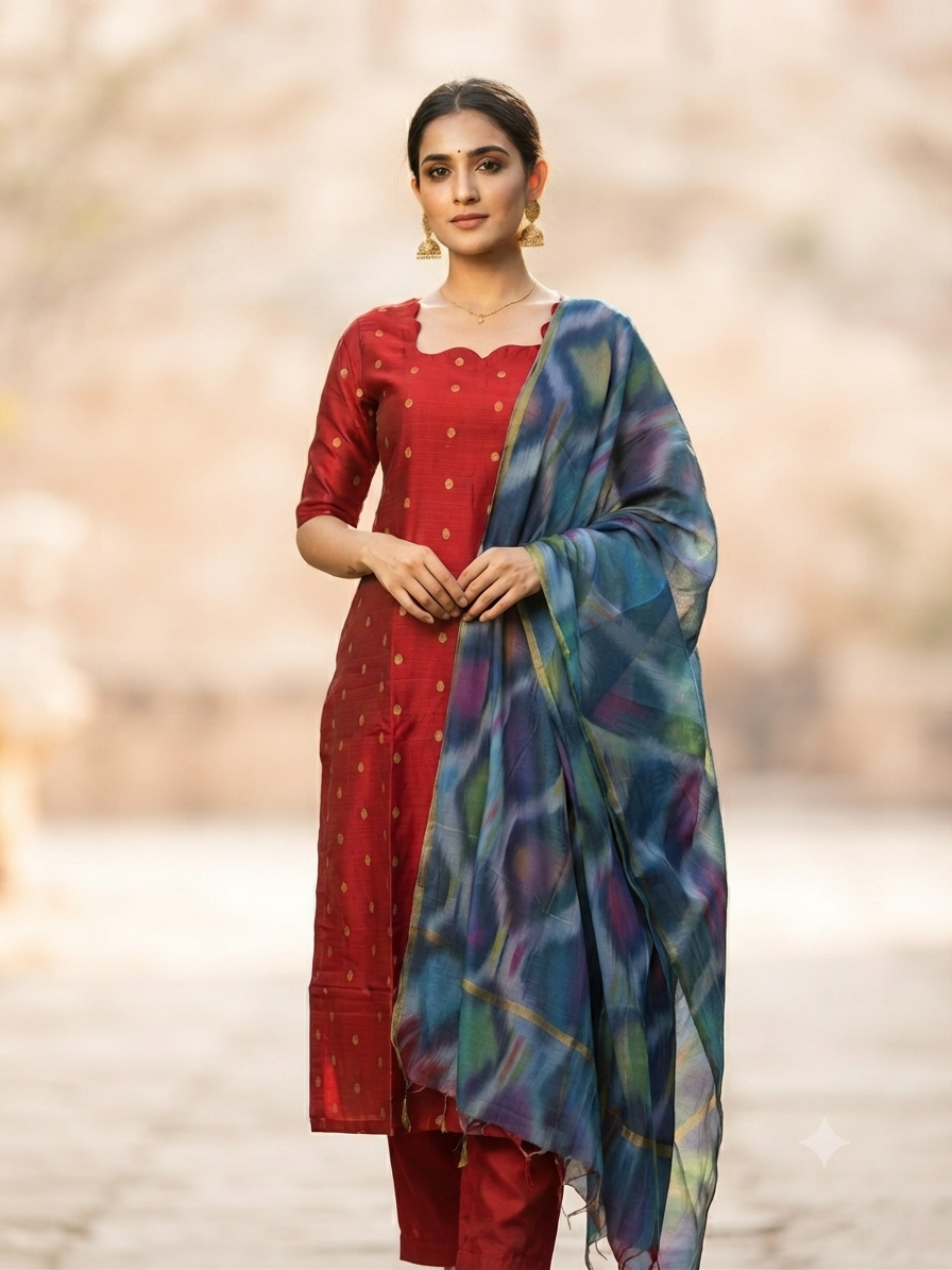 Crimson Bloom Cotton Silk Kurta Set