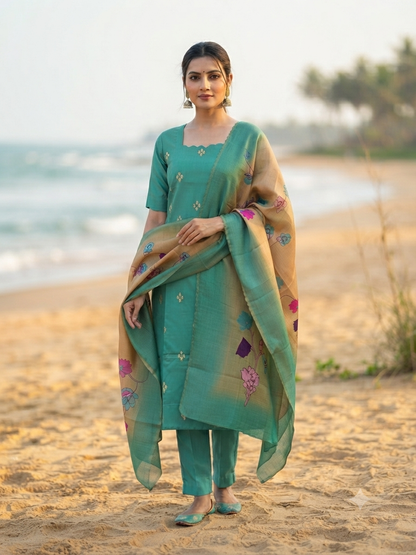Sea Green Floral Elegance Kurta Set