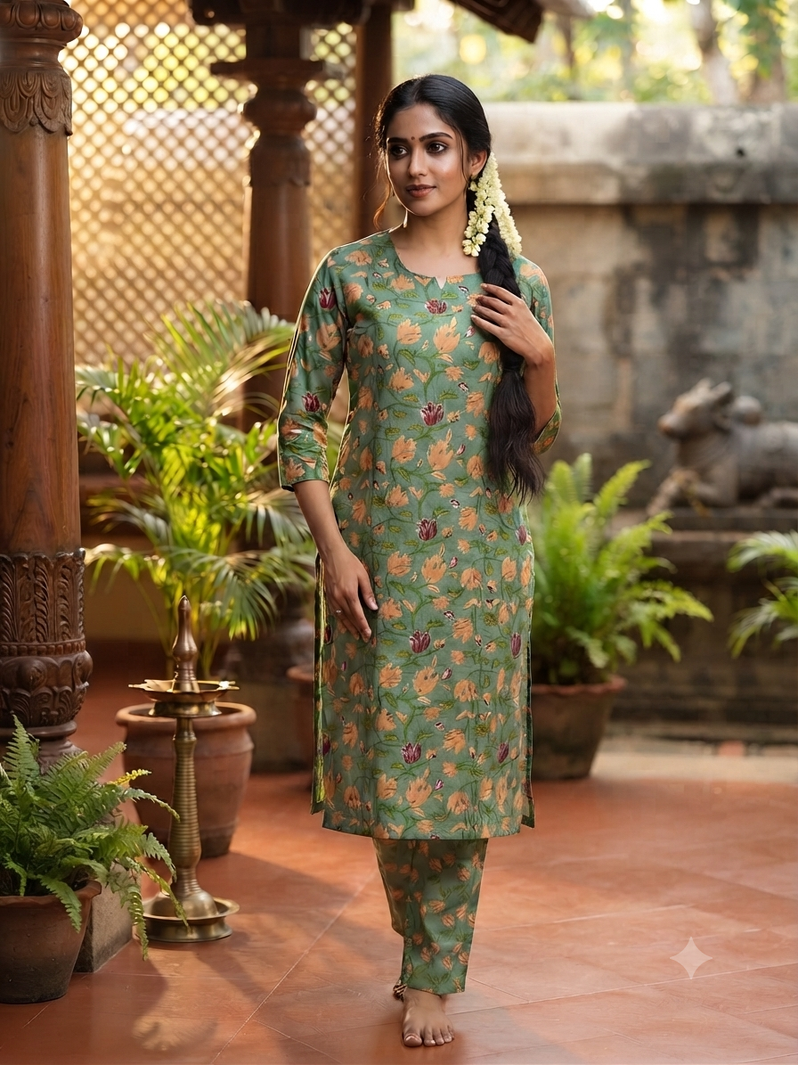 Sage Green Floral Buta Print Kurta Set