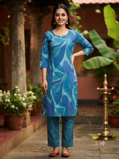 Ocean Blue Abstract Leaf Print Kurta Set