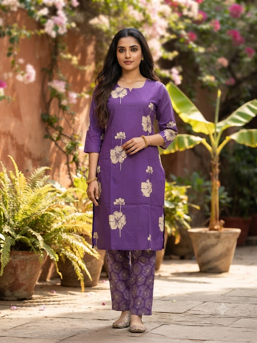 Royal Purple Oversized Floral Print Kurta Set