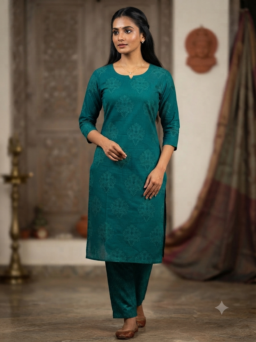 Teal Green Buta Print Kurta Set