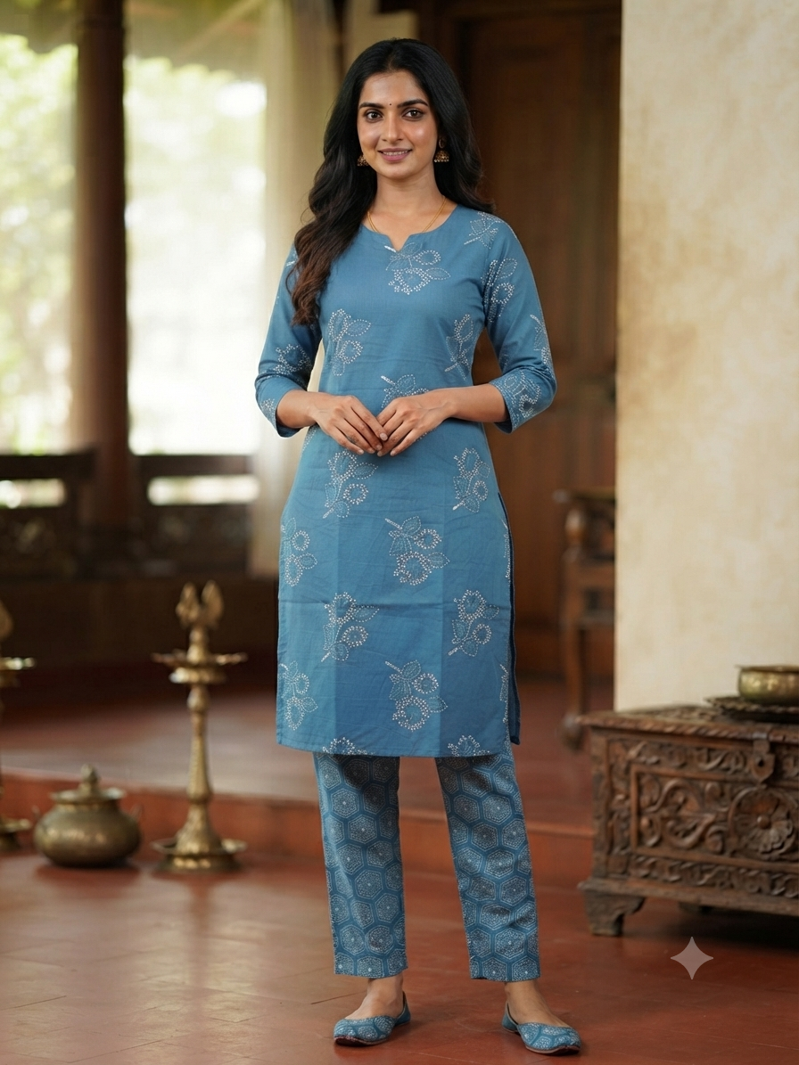 Steel Blue Floral Buta Print Kurta Set