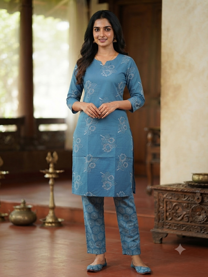 Steel Blue Floral Buta Print Kurta Set