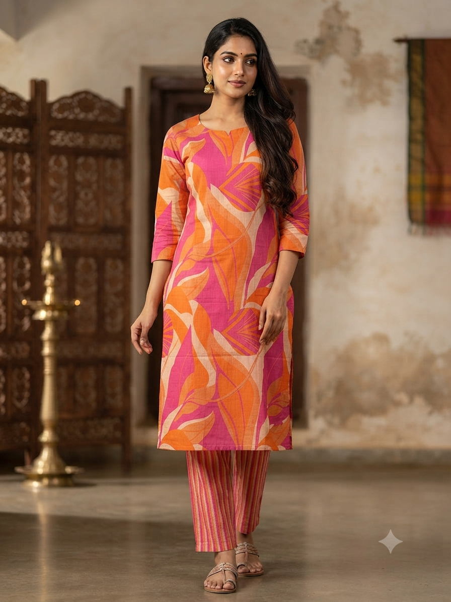 Coral Orange Abstract Leaf Print Kurta Set
