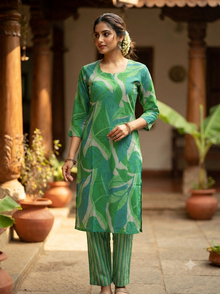 Emerald Green Abstract Leaf Print Kurta Set