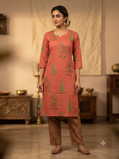Terracotta Botanical Buta Print Kurta Set