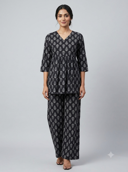Charcoal Black Leaf Buta Print Peplum Co-ord Set