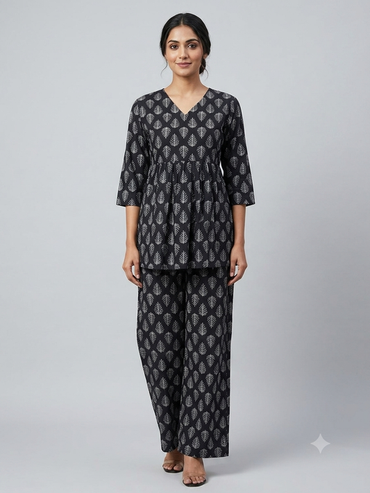 Charcoal Black Leaf Buta Print Peplum Co-ord Set