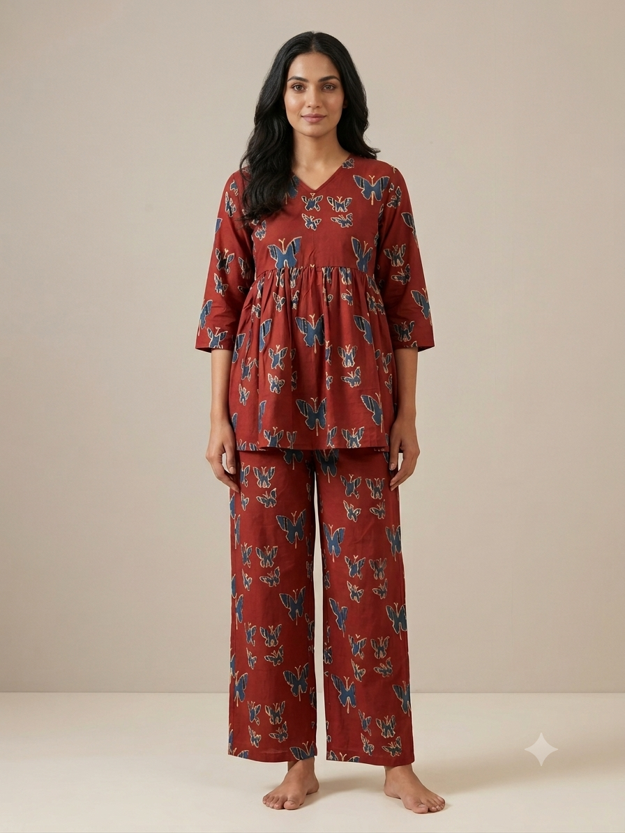 Rust Brown Butterfly Print Peplum Co-ord Set