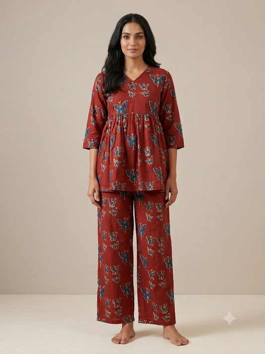 Rust Brown Butterfly Print Peplum Co-ord Set