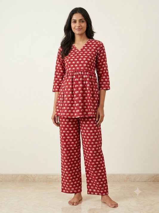 Brick Red Buti Print Peplum Co-ord Set