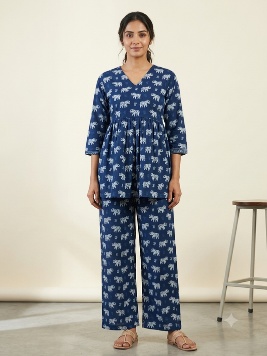 Indigo Blue Elephant Print Peplum Co-ord Set