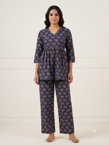 Slate Blue Paisley Elephant Print Peplum Co-ord Set