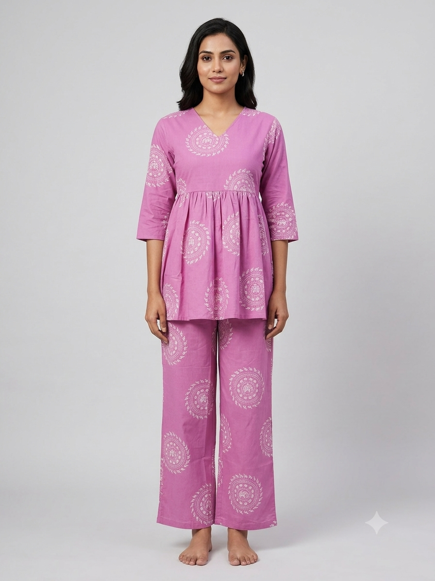 Lavender Pink Mandala Print Peplum Co-ord Set