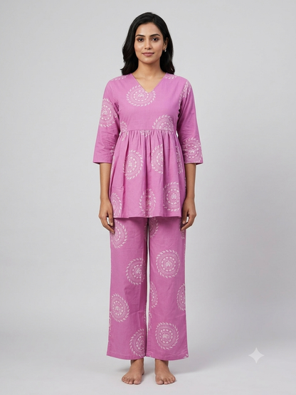 Lavender Pink Mandala Print Peplum Co-ord Set