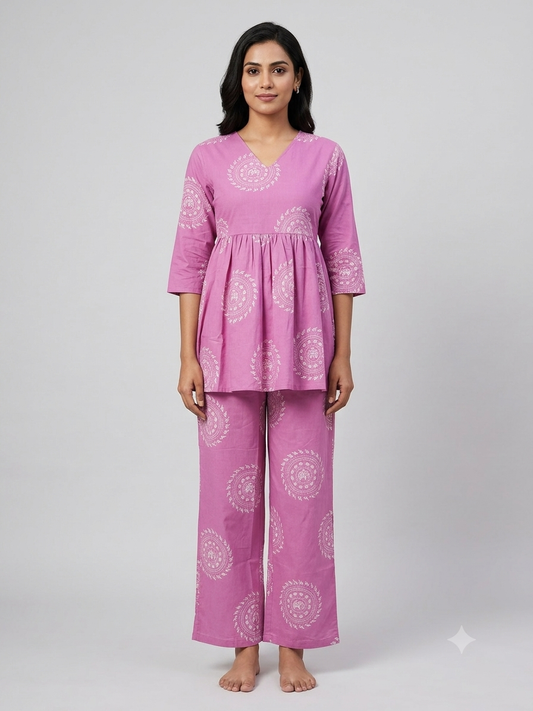 Lavender Pink Mandala Print Peplum Co-ord Set