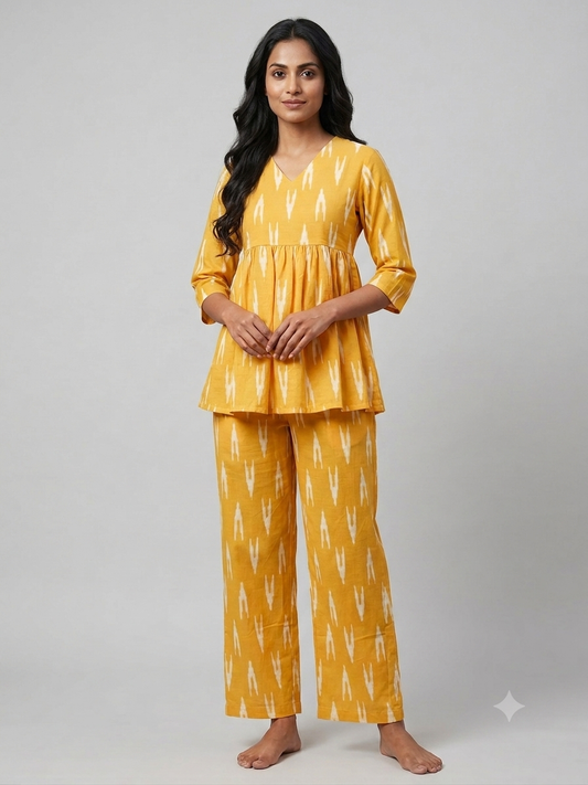 Mustard Yellow Ikat Print Peplum Co-ord Set