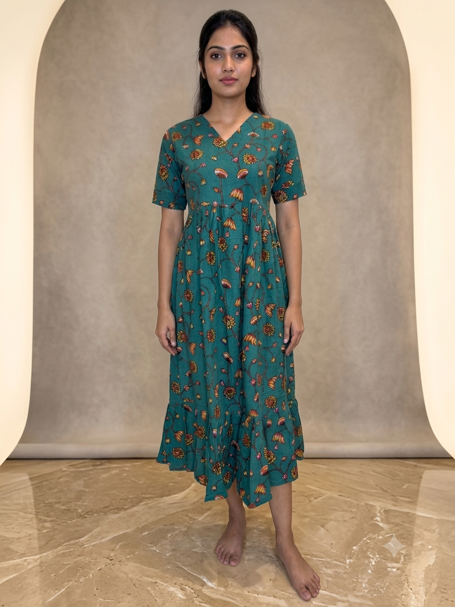 Kalamkari Teal Green Rustic Wildflower Vine Print Non-Feeding Maxi