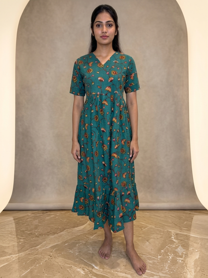 Kalamkari Teal Green Rustic Wildflower Vine Print Non-Feeding Maxi