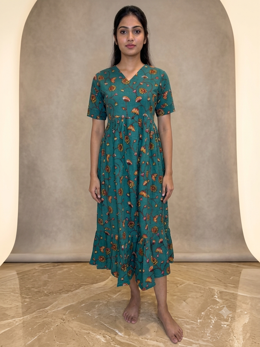 Kalamkari Teal Green Rustic Wildflower Vine Print Non-Feeding Maxi