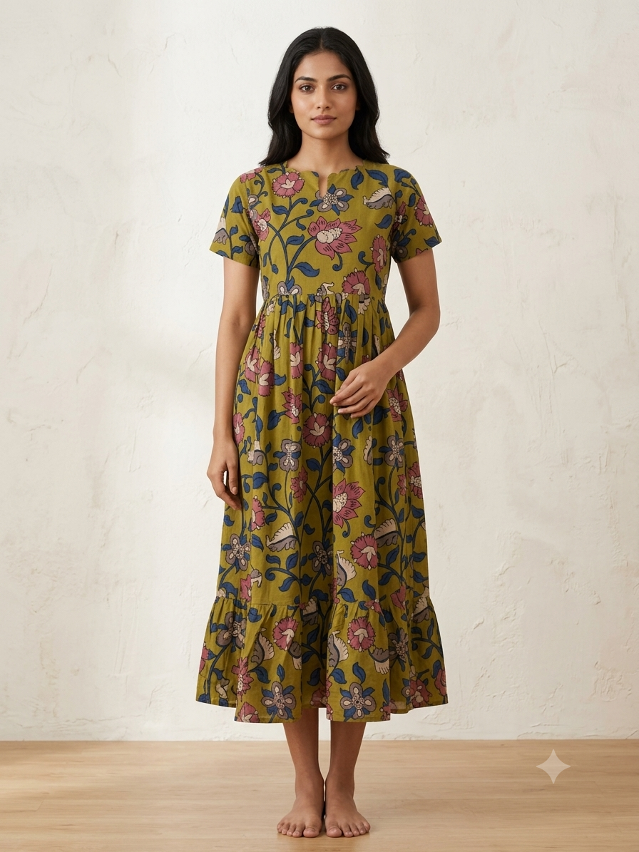 Olive Green Kalamkari Floral Vine Heritage Print Non-Feeding Maxi