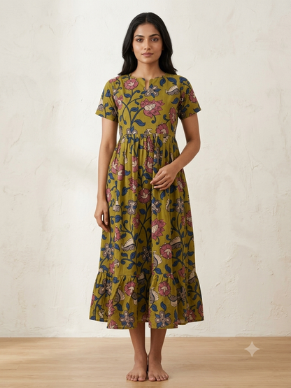 Olive Green Kalamkari Floral Vine Heritage Print Non-Feeding Maxi