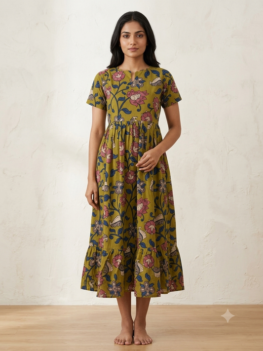 Olive Green Kalamkari Floral Vine Heritage Print Non-Feeding Maxi