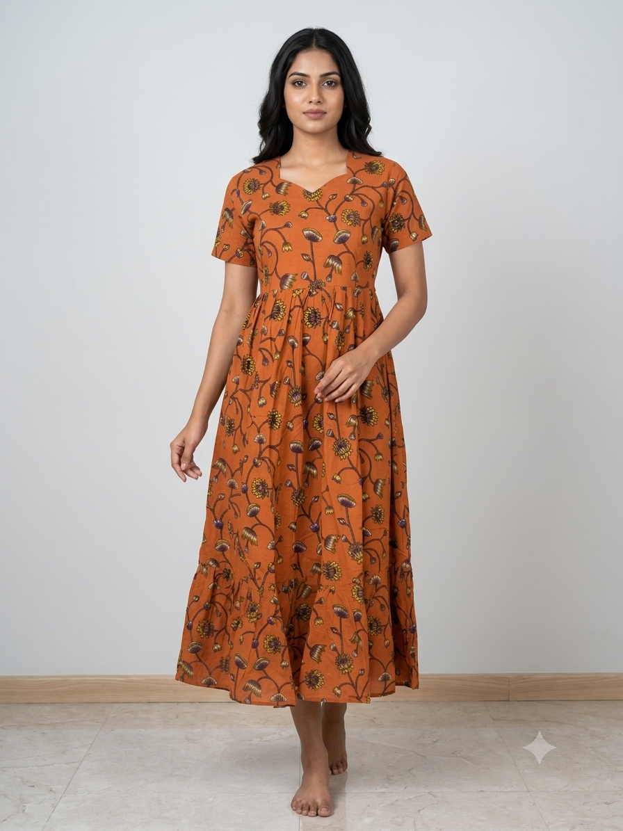 Rust Orange Kalamkari Wildflower Vine Print Non-Feeding Maxi