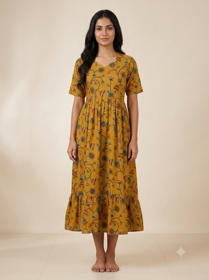 Mustard Yellow Kalamkari Floral Vine Print Non-Feeding Maxi Dress