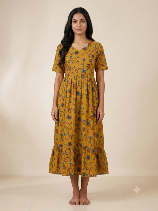 Mustard Yellow Kalamkari Floral Vine Print Non-Feeding Maxi Dress
