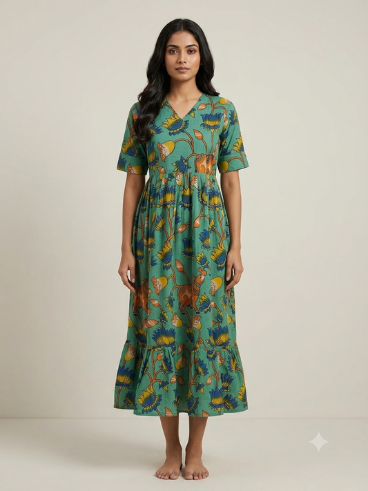 Sea Green Kalamkari Lotus & Deer Heritage Print Non-Feeding Maxi