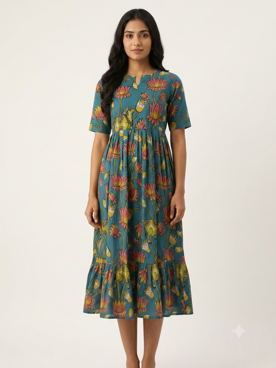Sea Green Kalamkari Lotus Heritage Print Non-Feeding Maxi