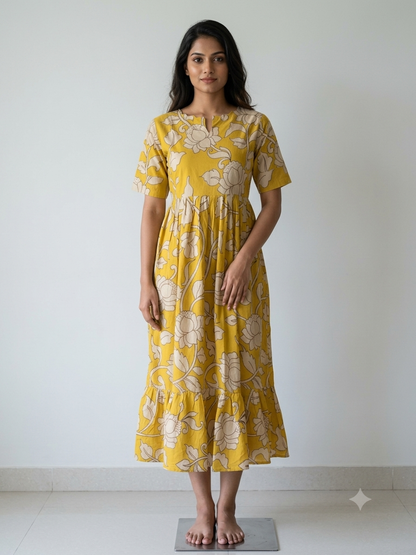 Sunflower Yellow Kalamkari Ivory Lotus Vine Print Non-Feeding Maxi
