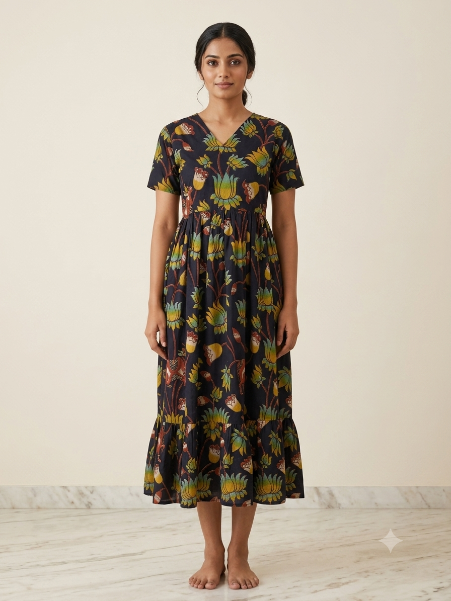 Charcoal Black Kalamkari Multicolor Lotus Bloom Print Non-Feeding Maxi