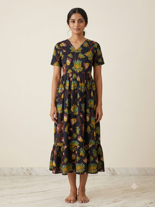 Charcoal Black Kalamkari Multicolor Lotus Bloom Print Non-Feeding Maxi