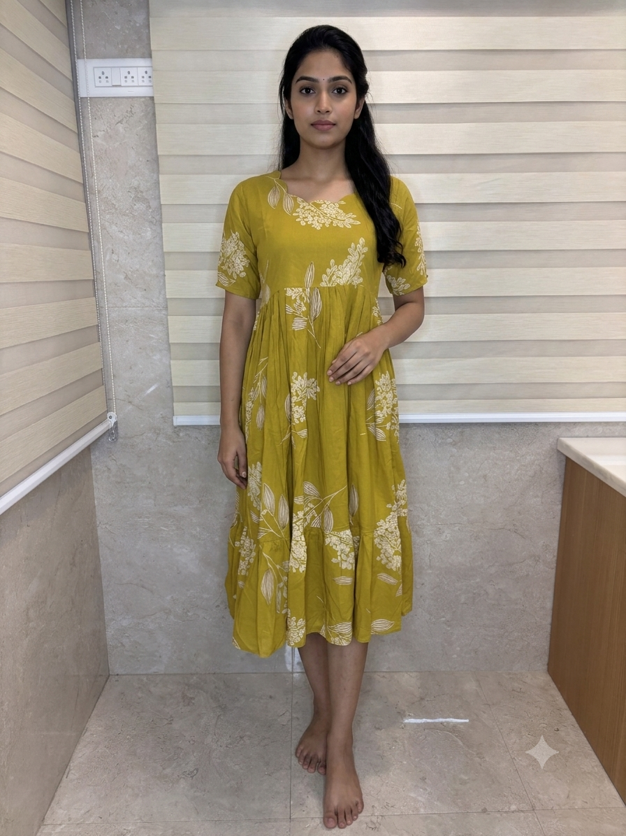 Mul Cotton Mustard Olive Botanical Leaf Print Non-Feeding Maxi