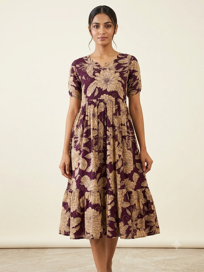 Mul Cotton Plum Purple Vintage Floral Print Non-Feeding Maxi