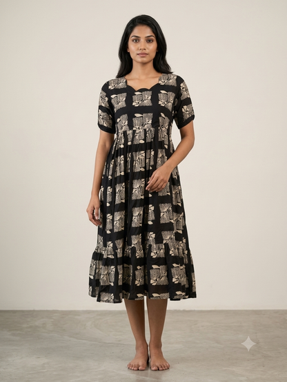 Mul Cotton Charcoal Black Abstract Botanical Block Print Non-Feeding Maxi