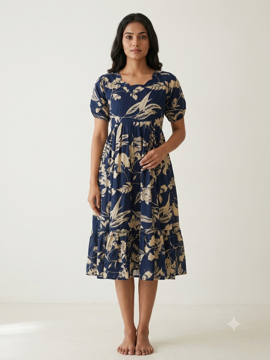 Mul Cotton Navy Blue Tropical Botanical Print Non-Feeding Maxi