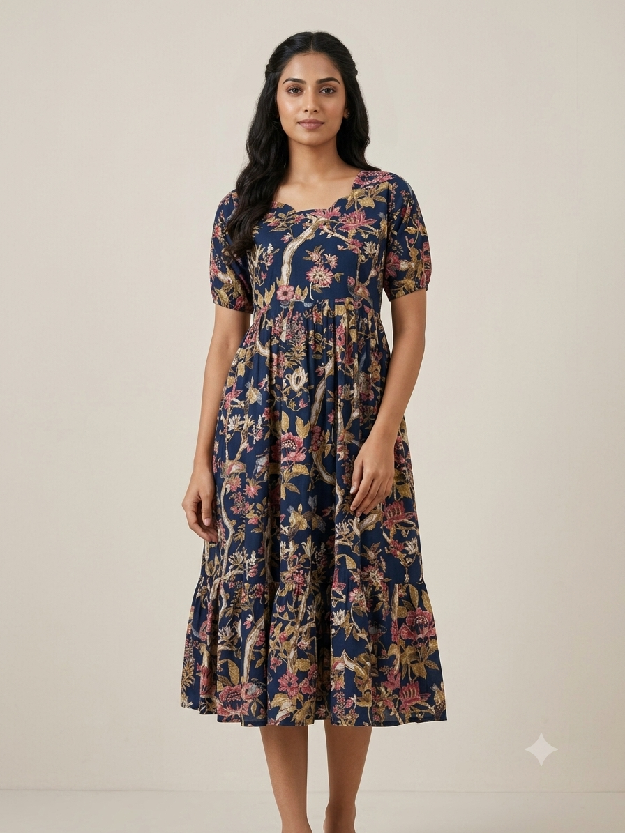 Mul Cotton Midnight Navy Vintage Floral Vine Print Non-Feeding Maxi